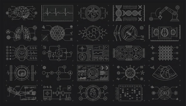 Digital medical system interface with biological scan visuals and charts interface biological technology healthcare dashboard diagnostic analysis futuristic research clinical graphics