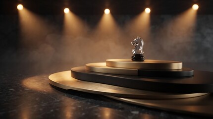 Obraz premium Glass Chess Knight on Golden Podium in Dark Cinematic Room