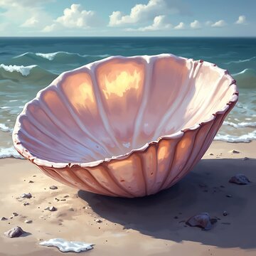 Iridescent Seashell with Pearly Nacre Interior on Beach