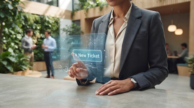 Businesswoman using virtual IT ticket system dashboard in office