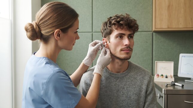 Audiologist fitting modern hearing aid for young male patient in clinic