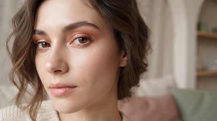 Naklejka premium Serene Portrait of Young Beautiful Woman Close Up