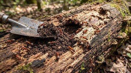 Fototapeta premium Close Up of Red Ants on Rotten Wood with Trowel
