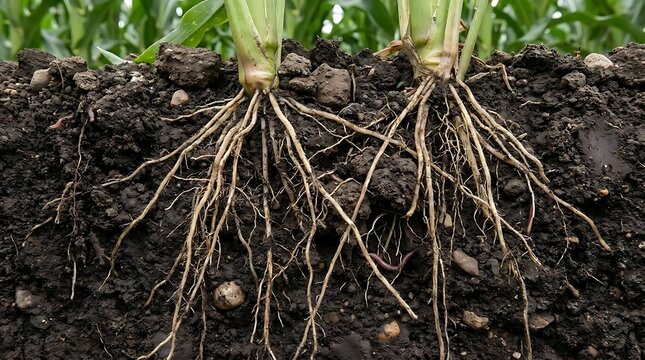 Plant roots growing deep in rich soil underground ecosystem detailed view