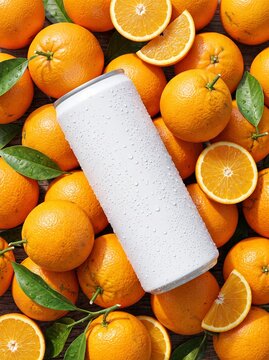 A beverage can lies on a pile of oranges and orange slices with green leaves.