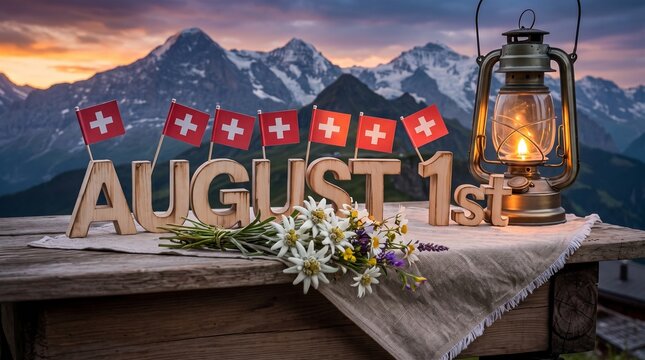 Wooden letters spelling 'August 1st' with Swiss flags, edelweiss flowers, and a lantern on a table against a backdrop of majestic mountains at sunset, celebrating Swiss National Day.
