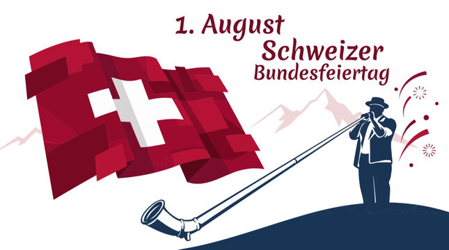 Illustration of Swiss National Day on August 1st with flag, alphorn player, and mountains.