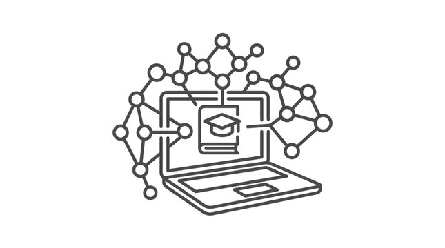 Industrial Style Black and White of Laptop with Neural Network and Graduation Cap Symbolizing Online Education