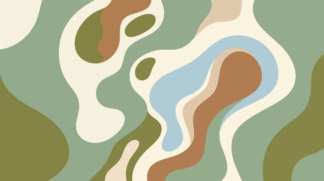 A camouflage pattern features swirling shapes in green, brown, and blue hues.