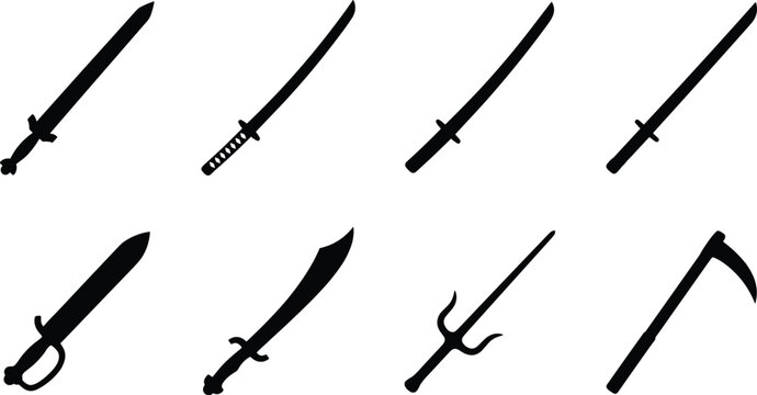 Ancient and medieval sword vector silhouette set featuring katana scimitar cutlass sai and cold weapons