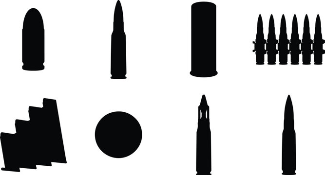 Ammunition and bullet silhouette icons set including pistol rounds rifle cartridges shotgun shell and ammo belt