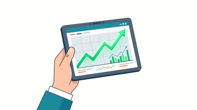 A hand holding a tablet displaying a growing graph