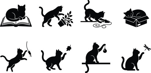 Fototapeta premium Black cat silhouettes set showing funny playful behavior mischievous antics and cute sleeping habits isolated on white background