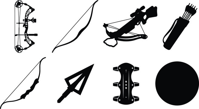Archery and hunting equipment silhouette icons set including compound bow recurve bow crossbow arrow and target