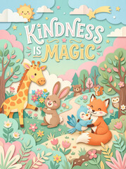 Fototapeta premium Kindness Is Magic Cute Animals Hugging and Sharing Flowers