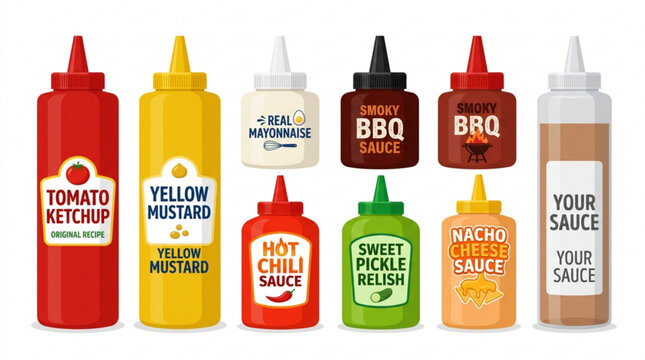 Collection of colorful condiment squeeze bottles with customizable labels with illustration mayonnaise background packaging template isolated