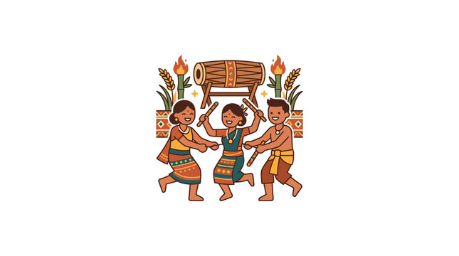 Colorful Indigenous Kids Dancing Around Traditional Drum Illustration