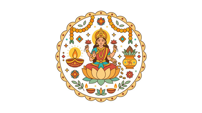 Colorful Lakshmi Goddess Illustration with Traditional Indian Motifs
