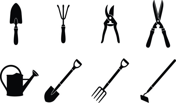 Gardening tools and agricultural equipment silhouette icons set including trowel hand rake pruner shears watering can shovel pitchfork and hoe
