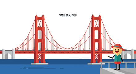 Fototapeta premium Iconic Golden Gate Bridge in San Francisco, California, rendered in a vibrant flat vector illustration style