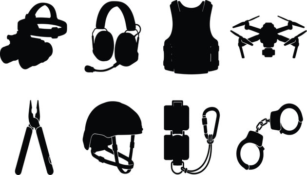 Military and tactical equipment silhouette icons set including body armor helmet drone handcuffs and night vision goggles