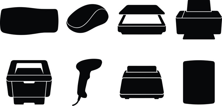 Office hardware and technology icons set featuring printer scanner computer mouse barcode reader and external hard drive black silhouettes