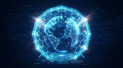 Naklejka premium Futuristic Digital Shield Protecting Glowing Global Network on Dark Blue Minimal Technology Background
