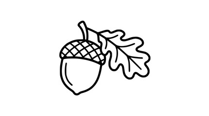 Hand-drawn acorn with oak leaf icon, simple line art, isolated on white background. © Lah