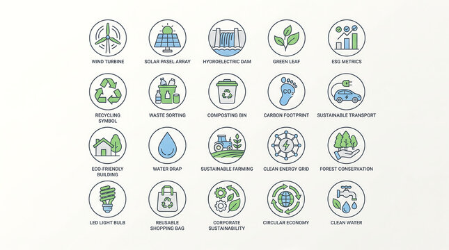 Premium Eco Sustainability Icon Collection Featuring Renewable Energy Recycling and Carbon Neutral Concepts