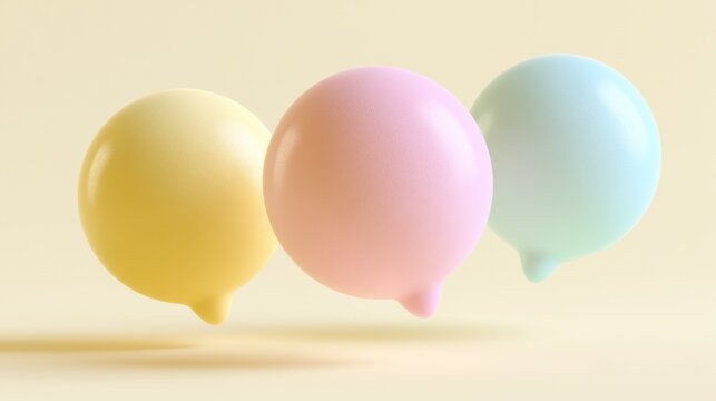 Three chat bubbles in soft colors float against a cream background. They represent conversation and provide space for thoughts or words.