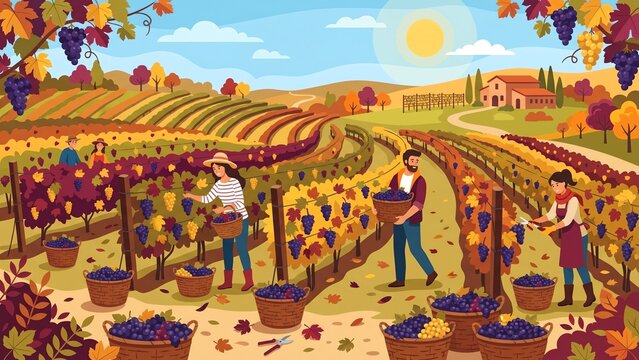 Grape Harvest in Autumn Vineyard