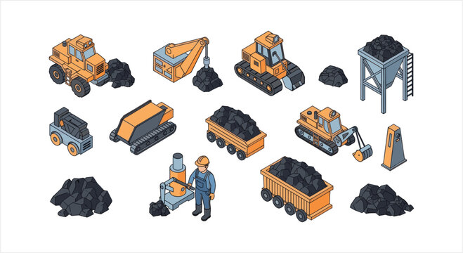 Collection of Isometric Coal Mining Equipment and Resources.