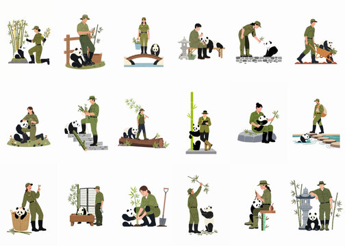 Illustrations of zookeepers and wildlife rangers caring for giant pandas, including feeding, habitat maintenance, and panda cub care in a sanctuary.