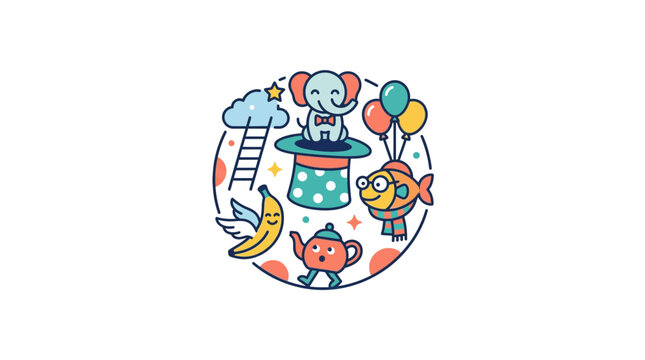 Colorful whimsical circus animals and magic hat illustration