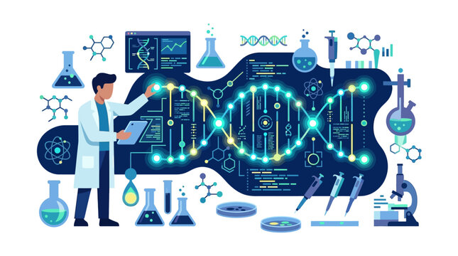 Professional scientist analyzing glowing DNA helix structure and genetic data in laboratory flat vector illustration