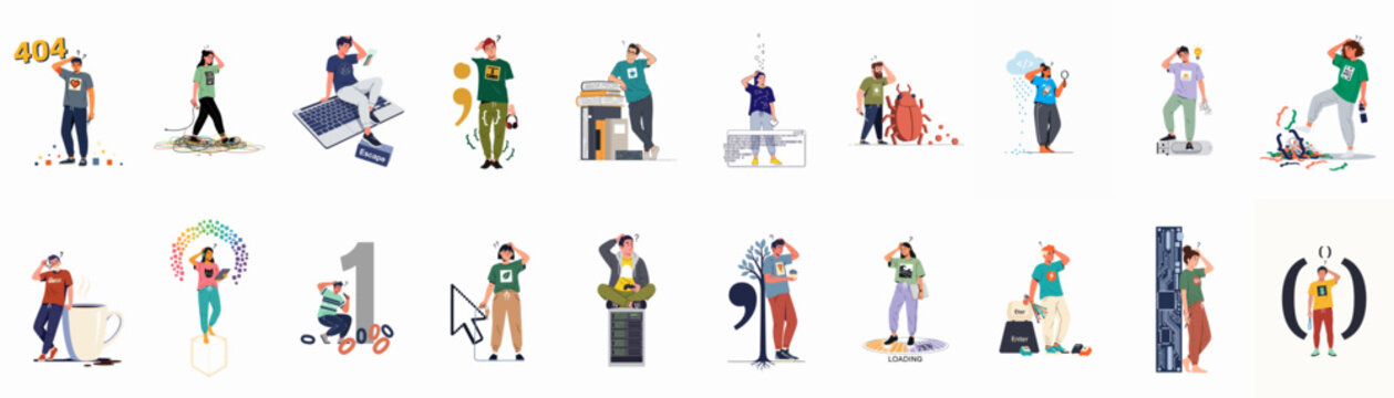 Collection of diverse people and developers facing various technical issues, coding bugs, and 404 errors in a flat vector illustration style.