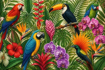 Obraz premium Five colorful birds rest among vibrant flowers in a tropical garden. The scene shows a mix of parakeets, toucans, and orchids. The rich colors create a lively atmosphere.