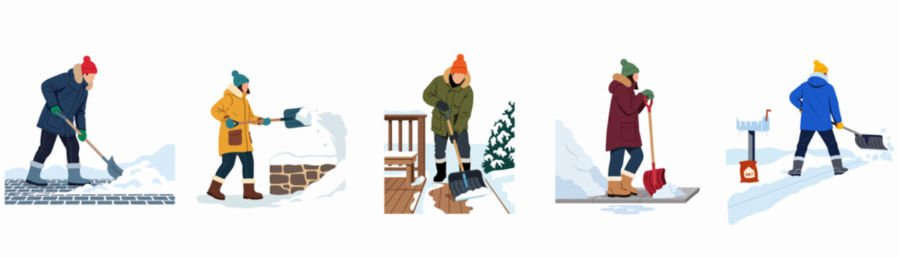 Illustrations of men and women in winter gear shoveling snow from walkways, driveways, and porches on a white background.