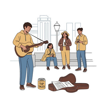 A male street musician in a yellow hoodie plays acoustic guitar for a small audience of three people on a city sidewalk next to a tip jar and guitar case with sheet music.