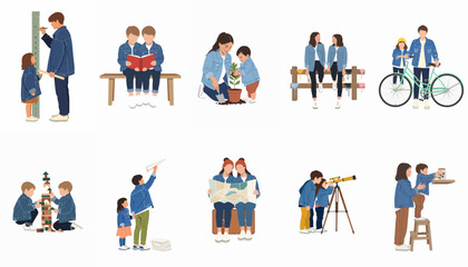 Fototapeta premium Collection of flat vector illustrations featuring adults and children in denim outfits engaged in various educational and lifestyle activities.