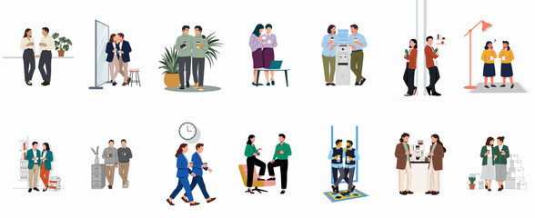 Fototapeta premium Set of flat vector illustrations featuring diverse business people having coffee breaks, interacting, and collaborating in various office environments.