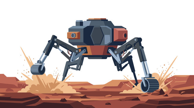 Futuristic planetary lander rover deploying on a rocky red planet surface flat vector illustration