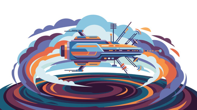 Futuristic space probe diving into a colorful cosmic swirling vortex for deep space exploration flat vector illustration