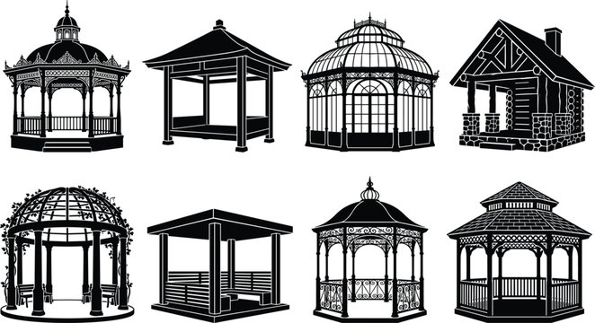 Set of black silhouettes of various garden gazebos and pavilions for architectural and landscape design