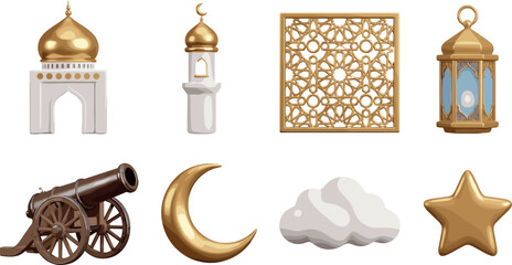 Islamic Ramadan Decoration Element Set with Golden Mosque Dome, Minaret, Fanous Lantern, Crescent Moon, Star, and Cannon for Eid Celebration Graphic Designs © Rifat