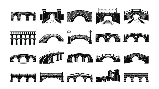 Vintage bridge icons set, 20 black stone bridge silhouettes, antique architectural bridge vector collection for maps and landscape design