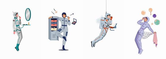 Vector illustration collection of female astronauts applying makeup and skincare in zero gravity space environments, showcasing futuristic beauty routines and cosmic lifestyles. © Noah