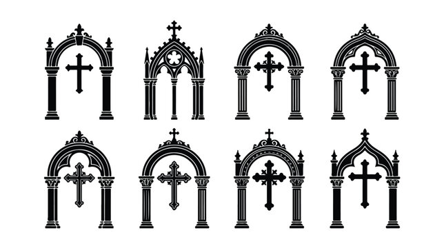 Gothic arch silhouette collection with christian crosses, set of 8 ornate cathedral window frames, vintage religious architecture vector icons