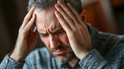 Fototapeta premium Sharp pain. Concentrated brunette keeping eyes closed and bowing head while having headache