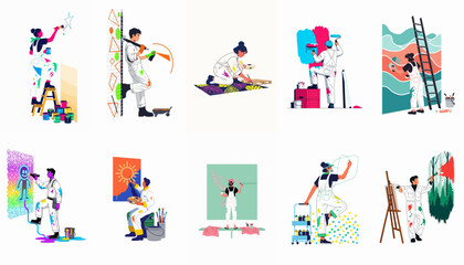Set of diverse artists and painters in white overalls creating murals, paintings and designs in various styles and environments. © Lucas